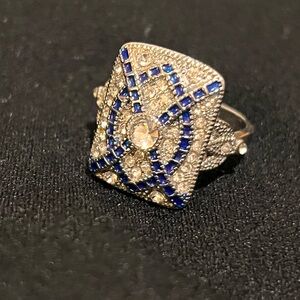 Vintage-Inspired Blue Crystal Filigree Statement Ring